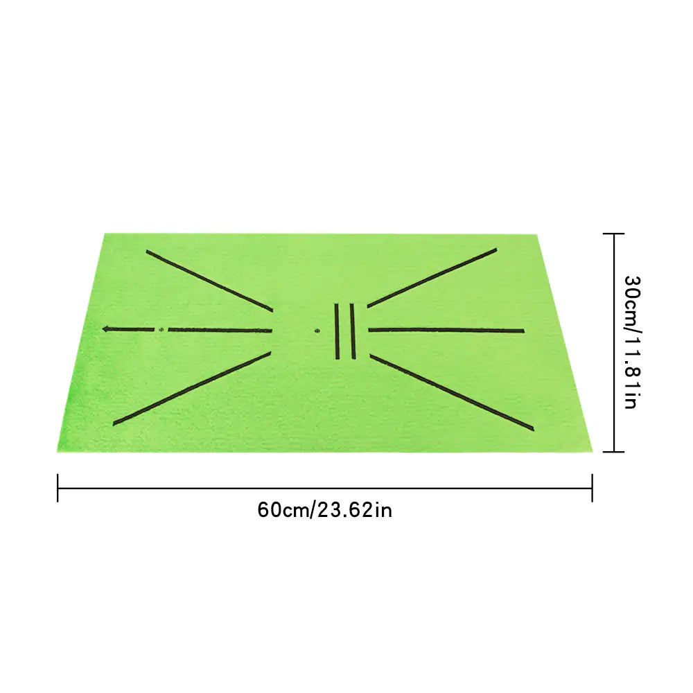 Denna bild visar en kompakt golfmatta med måtten 60 cm x 30 cm (23,62 tum x 11,8 tum). Mattan är utrustad med tydliga linjer och markeringar som hjälper golfare att analysera och förbättra sin svingteknik och precision. Dess kompakta storlek gör den perfekt för både inomhus- och utomhusträning, vilket ger en realistisk och strukturerad träningsupplevelse för alla nivåer av golfare.